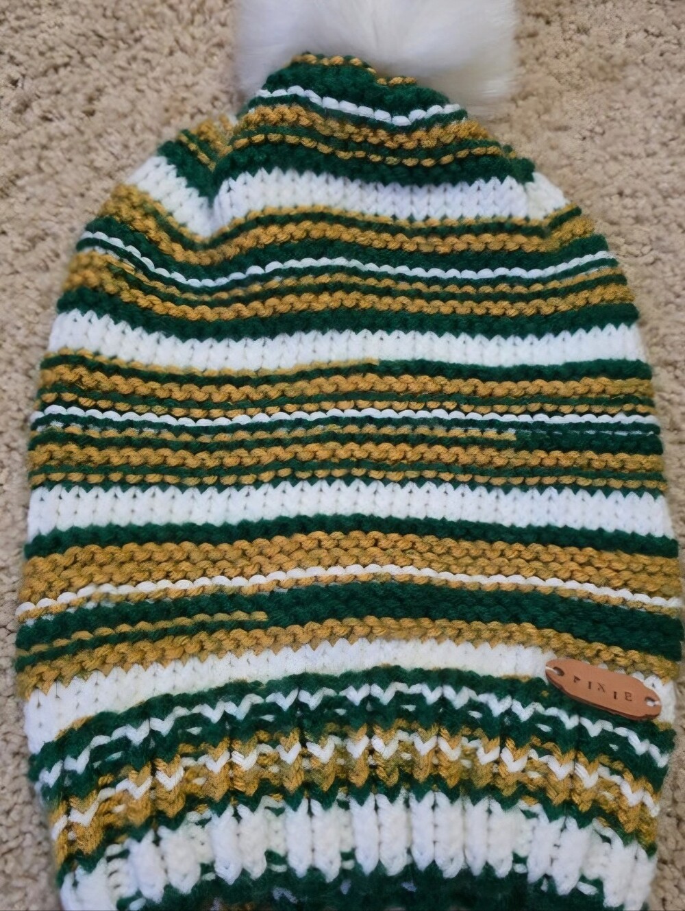 Striped Knit Pom Beanie - Green, White & Gold (Greenbay Colors)